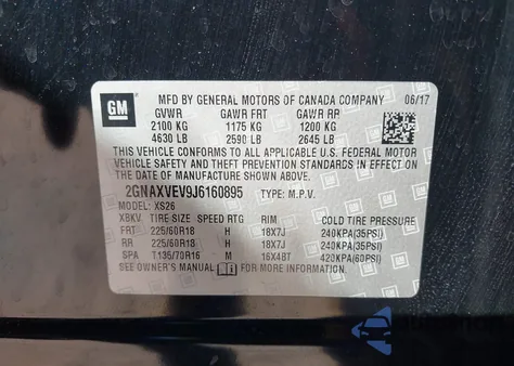 2018 Chevrolet Equinox Premier z USA, uszkodzony, nr VIN 2GNAXVEV9J6160895